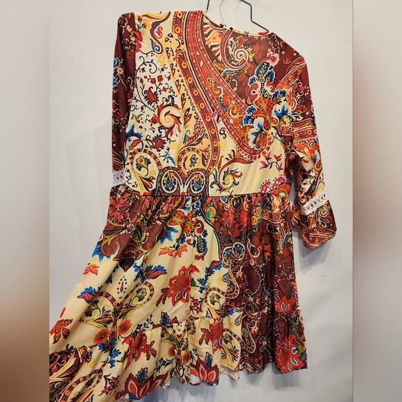 New Fall Colorful Dress Flowy Boho V-Neck Beach Dress Size L - Picture 2 of 9